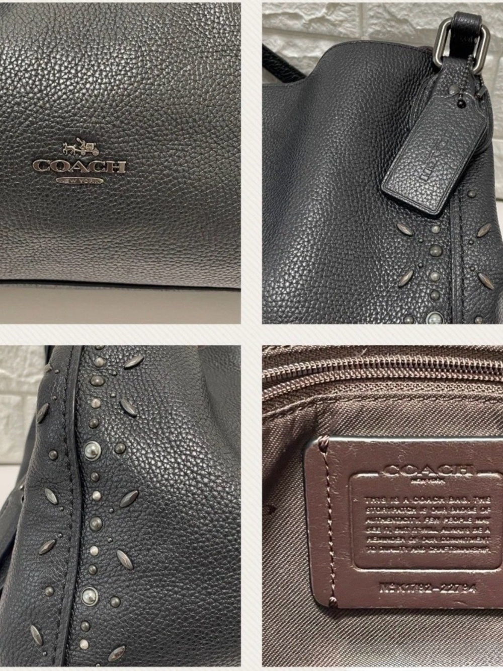 NEW Coach Black Pebbled Leather Studded Shoulder Bag - Picture 5 of 10